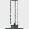 Side profile of Woodrow Pendant showing the shallow depth of the dark reflector and chain suspension