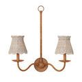 Lit double-arm chandelier with symmetrical woven whitewashed seagrass shades and wood wrapped supports