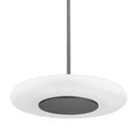 Large pendant light with a flat, round white etched glass shade and central black nickel metal disc