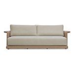 Meredith outdoor sofa with curved armrests, beige cushions, and woven synthetic wicker base