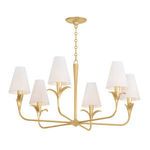 Gold-finished Quill Chandelier with six curved arms, leaf-like bobeche details, and white linen shades