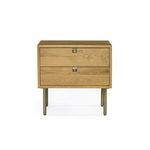 Angled side and front view showcasing warm oak tone and squared brass hardware