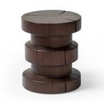 Inez Brown Pine End Table with stacked drum-style solid pine sections and dark brown wood with oyster cutting texture