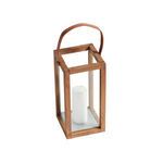 Three-quarter angled view showing teak wood grain and leather handle detail on top of the lantern