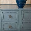 Upper close-up of Sara Cabinet front showing scalloped drawer front detailing with brass pulls