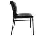 Side profile of Mayer Genuine Leather Dining Chair showing thin iron frame and rolled backrest curve