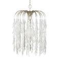 Side view showing frosted globe light source behind hanging layered white glass leaves