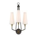 Sconce illuminated with three tapered frosted glass shades in oil-rubbed bronze frame