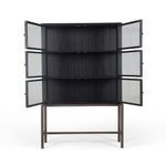 Open doors of Spencer Curio Cabinet showing spacious interior with three shelves and iron stand base