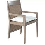 Savannah outdoor arm chair with aluminum frame in oak finish and raffia woven back and seat with white cushion