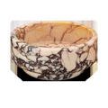 Small round bowl carved from Purple Breccia marble with peach, purple, and dark veining pattern