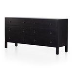 Black-washed solid poplar six-drawer dresser with dovetail joinery, leather rings, and iron hardware