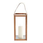 Rectangular outdoor lantern crafted from recycled teak wood with glass sides, metal base, leather handle, and white pillar...