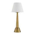 Close-up of brushed brass base texture and edges showing cylindrical tapered form with gentle sheen