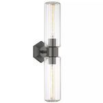 Roebling 2 Light Wall Sconce with clear ribbed glass shades and dark metal frame in vertical arrangement