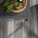 Overhead view of gray area rug under coffee table with plants and shadows