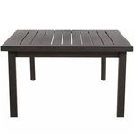Front view of black aluminum outdoor rectangular dining table showing slatted top and four legs