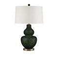 Kinnaird table lamp with clean white drum shade and moss green ceramic base shown from front view