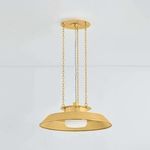 Woodrow Pendant lit from lower angle showing opal shade and gold reflector against white background