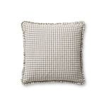 Square throw pillow with black grid pattern on ivory background with short ruffled edges