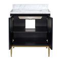 Open cabinet three-quarter view displaying black interior shelving under marble countertop