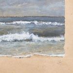 close-up of lower half of painting showing blurred white waves on textured brown paper surface with artist initials