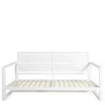 Front view of white Avondale Aluminum Loveseat frame highlighting flat panel backrest and open slatted seat