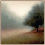 Hazy Frolic II painting depicting a misty landscape with blurred lines, muted colors, and a solitary dark tree on a gentle...