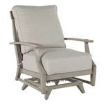 Outdoor lounge chair with plush light beige cushions and sturdy gray aluminum frame with flat armrests