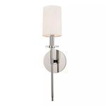 Amherst 1 Light Wall Sconce with elongated torch handle, polished metal finish, white fabric cylindrical shade, and crysta...