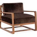 Moraine Accent Chair with low-slung vintage natural wood frame and plush Marcella chocolate fabric upholstery