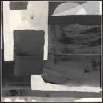 Abstract black and white mixed media painting with layered geometric shapes in espresso brown float frame