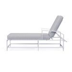 Bristol Chaise side view showing adjustable backrest in reclined position with curved armrests and white frame