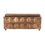 Front view of six-drawer console table with top drawers partially open revealing interior storage