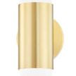 Kira 2 Light Wall Sconce with aged brass cylindrical body and frosted white rounded glass shades on top and bottom