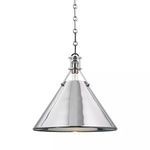 Large conical metal pendant light with polished silver finish and chain suspension