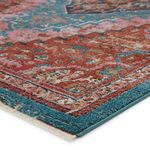 Close-up showing rug's plush textured surface and vibrant rust and teal border detailing