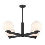 4-light chandelier front angle with visible knurled details below each frosted glass orb