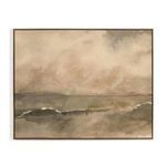Muted abstract seascape painting with soft waves and cloudy sky in beige and gray tones framed in natural wood
