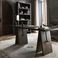 Lockhart Bookcase styled in an office with desk, featuring rounded corners and solid oak texture