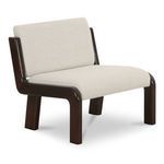 Three-quarter angle showing thick cushioned seat and back with L-shaped wooden legs and frame