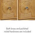 Close-up of two drawer front hardware options: brass knob on left and polished nickel knob on right