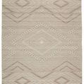 Handwoven Suriya tribal area rug in taupe and cream with geometric diamond patterns and short fringe edges