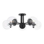 Meadow 5 Light Semi Flush with five clear glass globes and matte black steel frame in a mid-century modern design