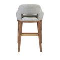 Back view focusing on cutout in backrest and tapered oak legs with protective caps