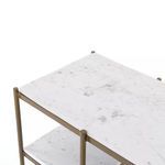 Close-up top marble shelf with visible veining and brass end caps