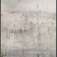 Abstract landscape painting with muted beige and gray tones featuring textured layers and vertical drips suggesting dusk l...
