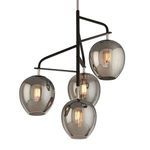 Odyssey Pendant with four smoke glass shades arranged asymmetrically on a black metal frame with exposed filament bulbs