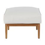 Front view of Santa Barbara teak ottoman showing cushion height and wood leg design
