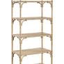 Tall sand-colored rattan bookcase with five rectangular shelves and bamboo-style poles with rope accents